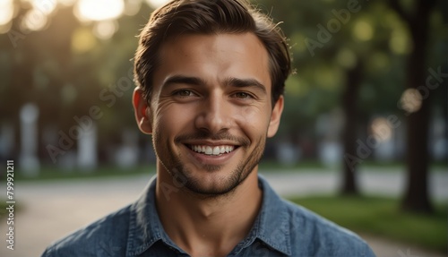 caucasian guy smiling looking at camera portrait with outdoor morning background from Generative AI