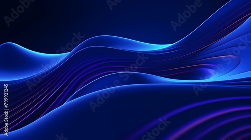  3d render, abstract minimal neon background with glowing wavy line. Dark wall illuminated with led lamps. Blue futuristic wallpaper