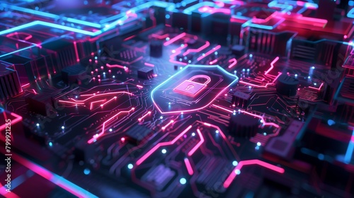 Vibrant neon-infused circuit board with glowing security padlock symbol suggesting digital safety.