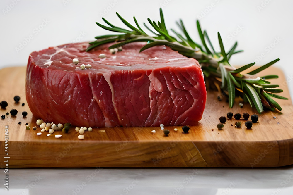 Raw beef steak with rosemary and peppercorns on white background Raw beef steak with rosemary and peppercorns on white background