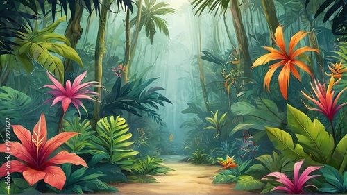 Colorful tropical forest background of wild plants