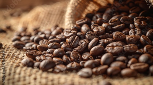 Close-up of roasted coffee beans tumbling from a burlap sack, showcasing texture and quality.