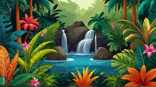 tropical jungle background with waterfall