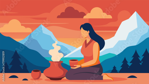 A peaceful mountain backdrop sets the scene for a potters mindful practice as she lovingly molds a vase..