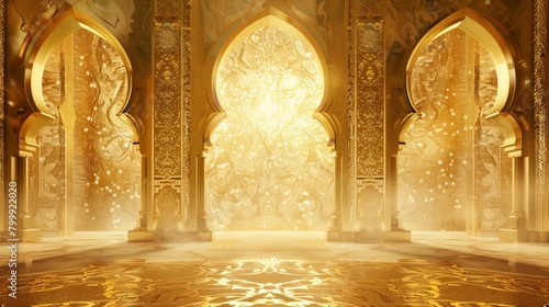 Opulent golden hall with intricately patterned archways glowing with ethereal light and sparkling dust. photo