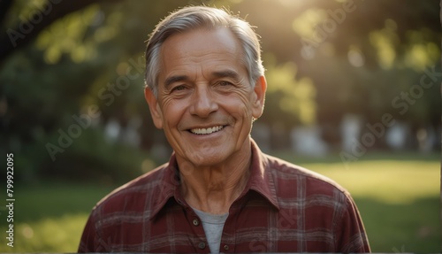 elder guy smiling looking at camera portrait with outdoor morning background from Generative AI photo