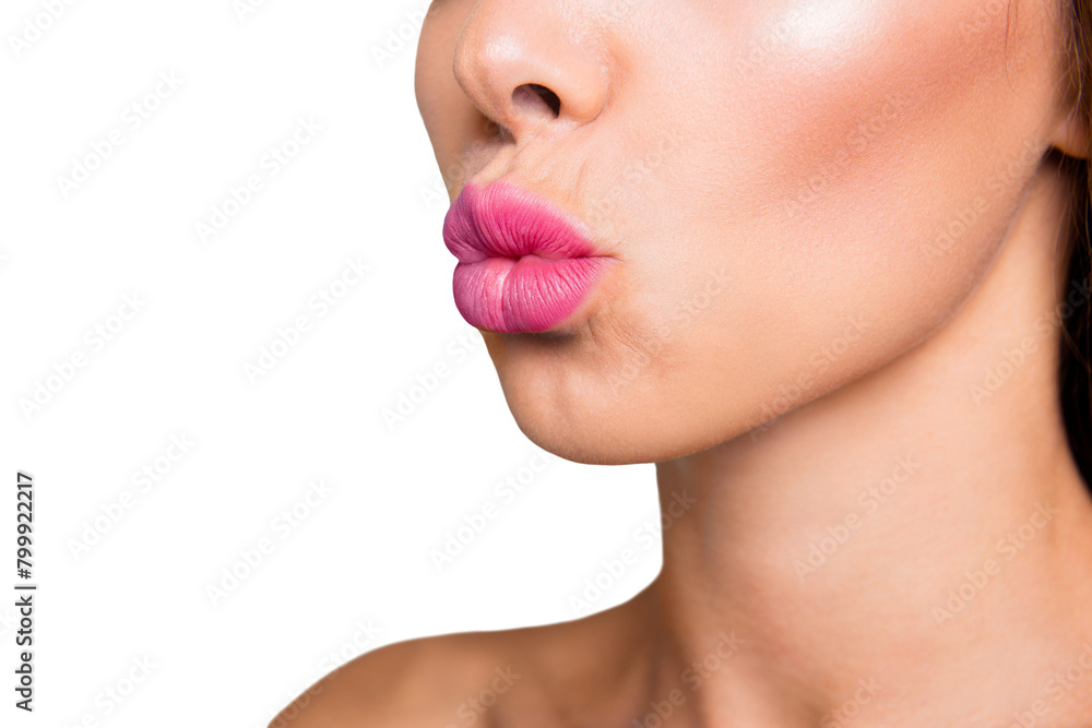Obraz premium Half turned faced studio photo portrait of pretty nice charming cute sweet woman giving a kiss blush blusher blonzed skin isolated bright vivid background