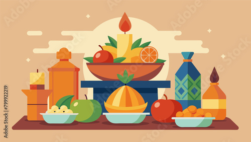 An offering of fruits vegetables and other foods p on a makeshift altar as a symbol of gratitude for the blessings bestowed by ancestors.. Vector illustration