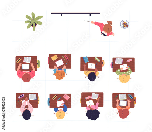 Classroom top view. Students at table and teacher study in school or university college class, business leader training exams session above people group, classy vector illustration