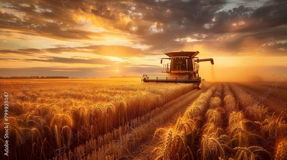 Fototapeta premium A combine harvester working in a golden wheat field at sunset with a beautiful cloudy sky.