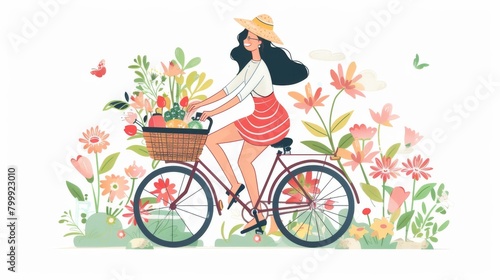 flat vector illustration of a woman riding a bicycle on a white background with flowers, summer background for print