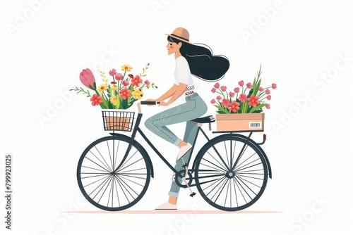 flat vector illustration of a woman riding a bicycle on a white background with flowers, summer background for print
