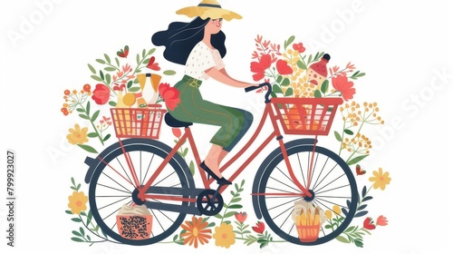 flat vector illustration of a woman riding a bicycle on a white background with flowers, summer background for print photo