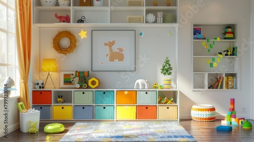 colorful children's room with shelves for storing things and toys © Kate