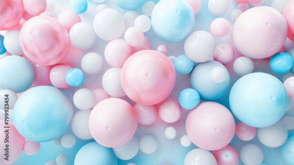 3d rendering of pastel blue, pink and white balloons background