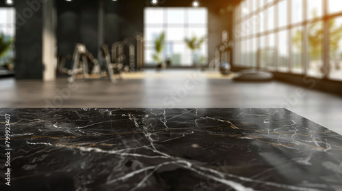 Black marble table in a gym with blurred background. Perfect for displaying or montaging products.