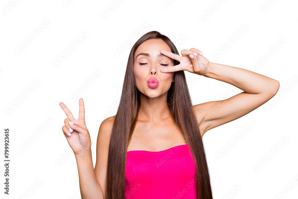 Disco dancer hippie facial expression concept. Close up studio photo portrait of coquettish attractive pretty glad nice lady giving v-sign near eyes isolated bright background Disco dancer hippie facial expression concept. Close up studio photo portrait of coquettish attractive pretty glad nice lady giving v-sign near eyes isolated bright background