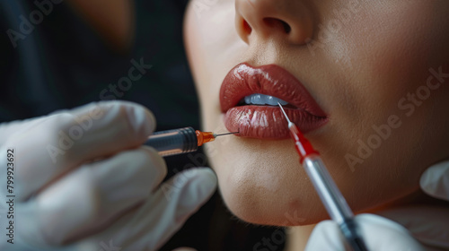Cosmetic injector performing a procedure to enhance lip volume, with an emphasis on achieving natural-looking results.