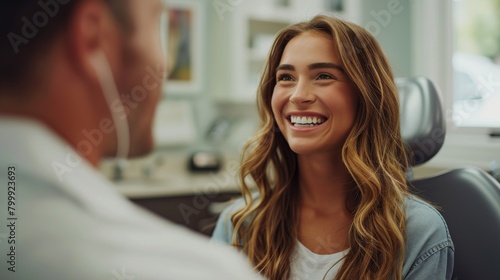 Cosmetic dentist discussing smile enhancement options with a patient, prioritizing natural-looking results and oral health. photo