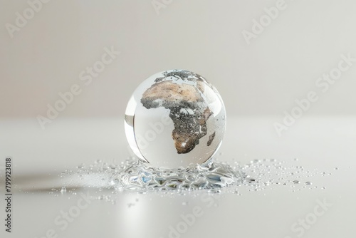 Environment conservation. Close-up human hands of a drop of clear water with a globe inside on a white background. Banner with copy space. Environment Earth Day. Saving environment, sustainable. Save 