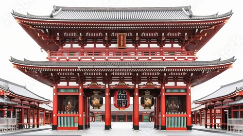The grand Senso-ji Temple with its ornate architecture and red gates, displayed against a white background. photo