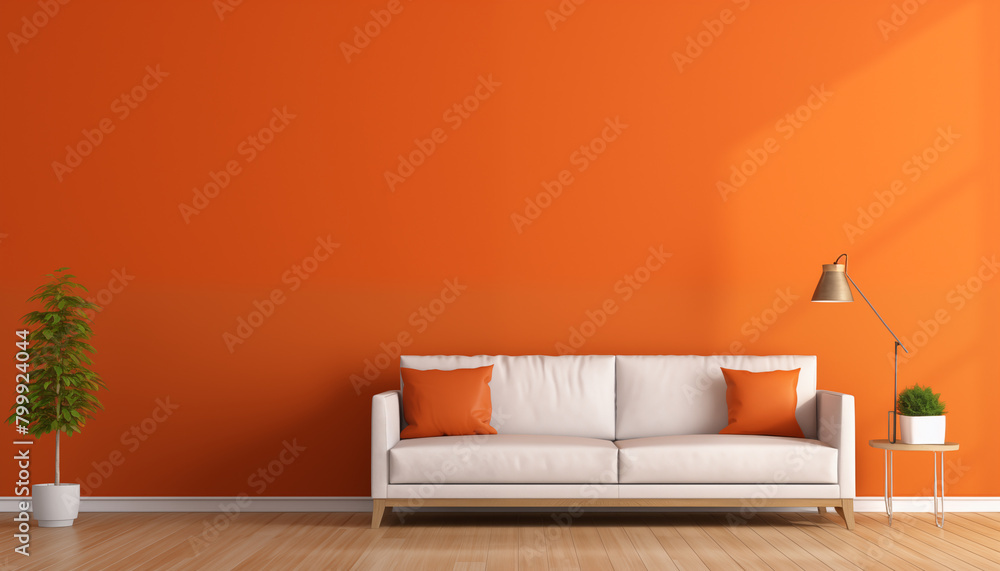 A modern living room with a white sofa orange pillows a green plant and a metal floor lamp A modern living room with a white sofa orange pillows a green plant and a metal floor lamp