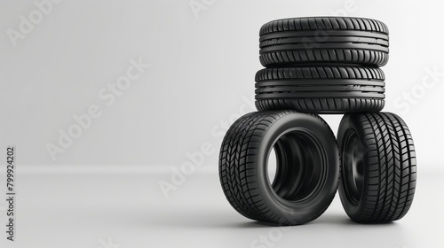 Stack of five black car tires on a clean white background for automotive themes.