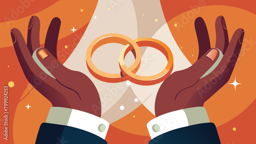 Hands presenting wedding rings, vector cartoon illustration.