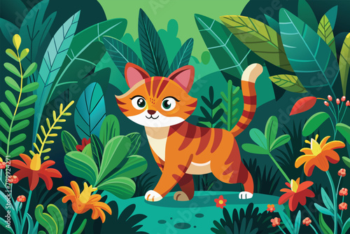 Playful orange striped kitten in a lush green jungle, adventurous cat exploring garden vector cartoon illustration.