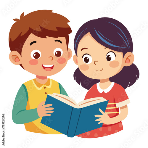 Two enthusiastic children, boy and girl sharing books and learning together, vector cartoon illustration.