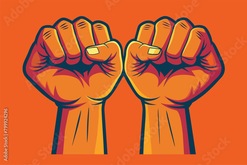 Raised fists symbolizing empowerment and resistance, vector cartoon illustration.
