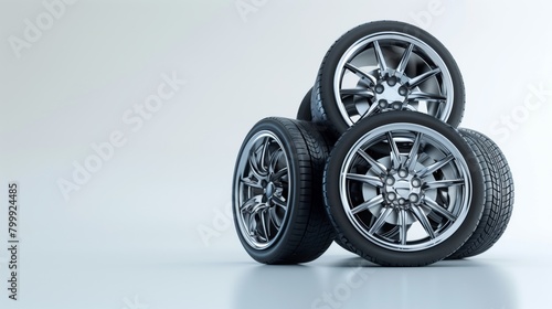 A stack of new car tires with shiny alloy rims on a white background.