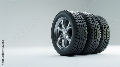 A trio of black car tires with detailed tread and silver rims, shown in a line on a clean gray background. © Natalia