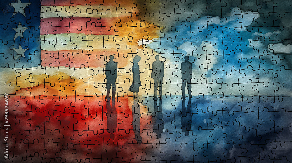 Fototapeta premium Abstract puzzle pieces in various hues come together to depict an urban skyline, artistic and thought-provoking