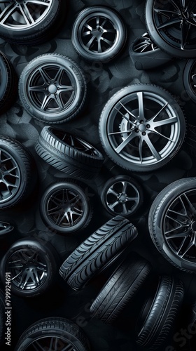 A variety of car wheels and tires are aesthetically arranged on a dark textured background. © Natalia