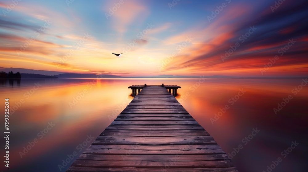 A pier is shown with a beautiful sunset in the background. The water is calm and the sky is filled with clouds. The scene is peaceful and serene, with the pier