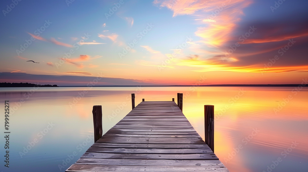 A pier is shown with a beautiful sunset in the background. The water is calm and the sky is filled with clouds. The scene is peaceful and serene, with the pier