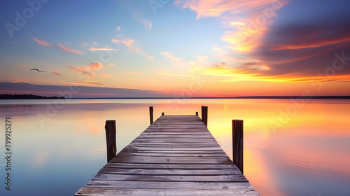 A pier is shown with a beautiful sunset in the background. The water is calm and the sky is filled with clouds. The scene is peaceful and serene, with the pier