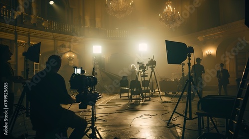 Behind-The-Scenes Look At A Film Set In A Grand Ballroom. Filmmaking Crew In Action With Cameras And Lighting. Cinematic Production Atmosphere Captured. AI