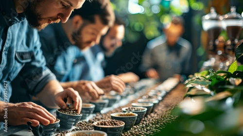 Cupping session with experts tasting and assessing the flavor profile of different coffee roasts.