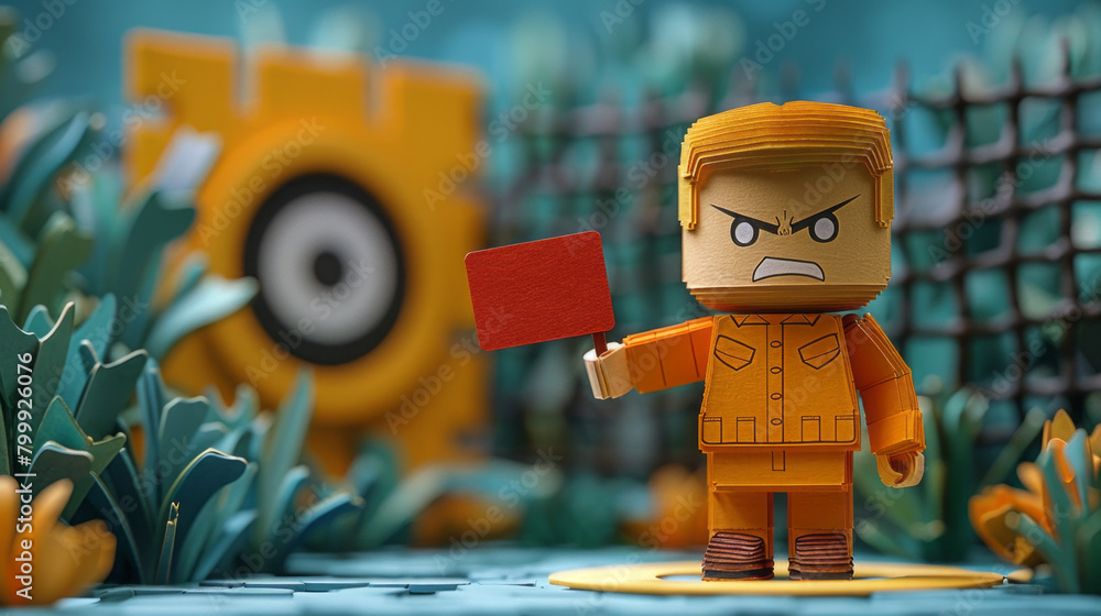 Fototapeta premium Angry Toy Character Holding a Red Card with a Target in the Background