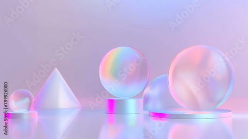 Abstract arrangement of iridescent spheres and geometric shapes on soft pink background.