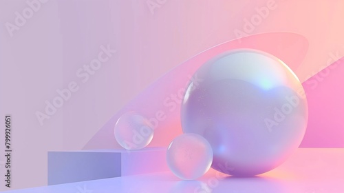 Abstract image featuring iridescent spheres on geometric shapes with a gradient pink background.