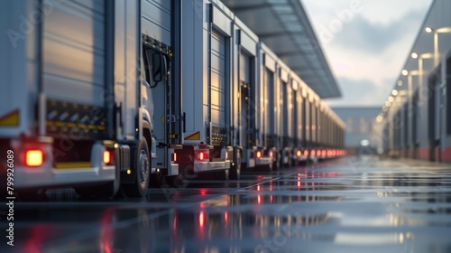Delivery trucks lined up at a distribution center, ready for dispatch across the country. Highly detailed real-world Photography shot. photo