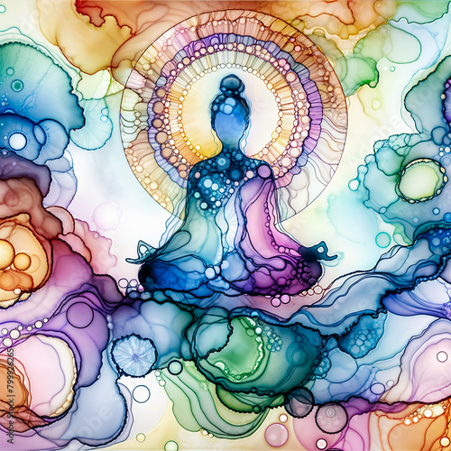 Ink splatter style illustration of a person meditating surrounded by abstract patterns.