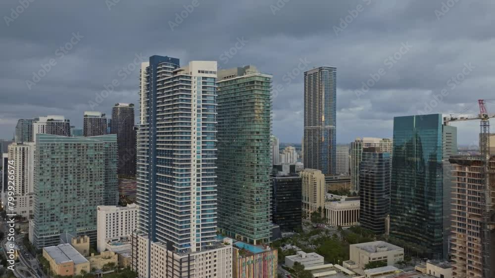 Establishing aerial view of Miami Brickell downtown skyline. Aerial close up view of Miami modern skyscraper buildings, hotels and residential buildings on a beautiful day. Miami Florida in 4K Establishing aerial view of Miami Brickell downtown skyline. Aerial close up view of Miami modern skyscraper buildings, hotels and residential buildings on a beautiful day. Miami Florida in 4K