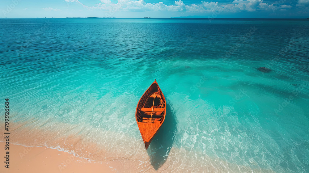 Fototapeta premium boat on the tropical beach background, travel concept, top view 