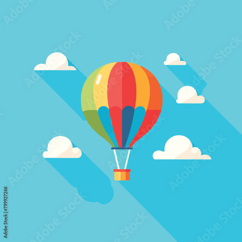 cartoon illustration of a colorful hot air balloon flying in a clear blue sky