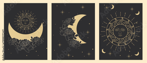 Vector set of posters of mystical magical objects, tarot astrology symbols, moon, Aztec sun goddess sign, Libra zodiac, stars. Fashionable minimalist style. Objects of spiritual occultism.
