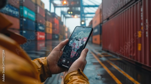 A person is holding a cell phone up to take a picture of a large container yard. The scene is busy and colorful, with many containers of different sizes and colors. The person is capturing the moment